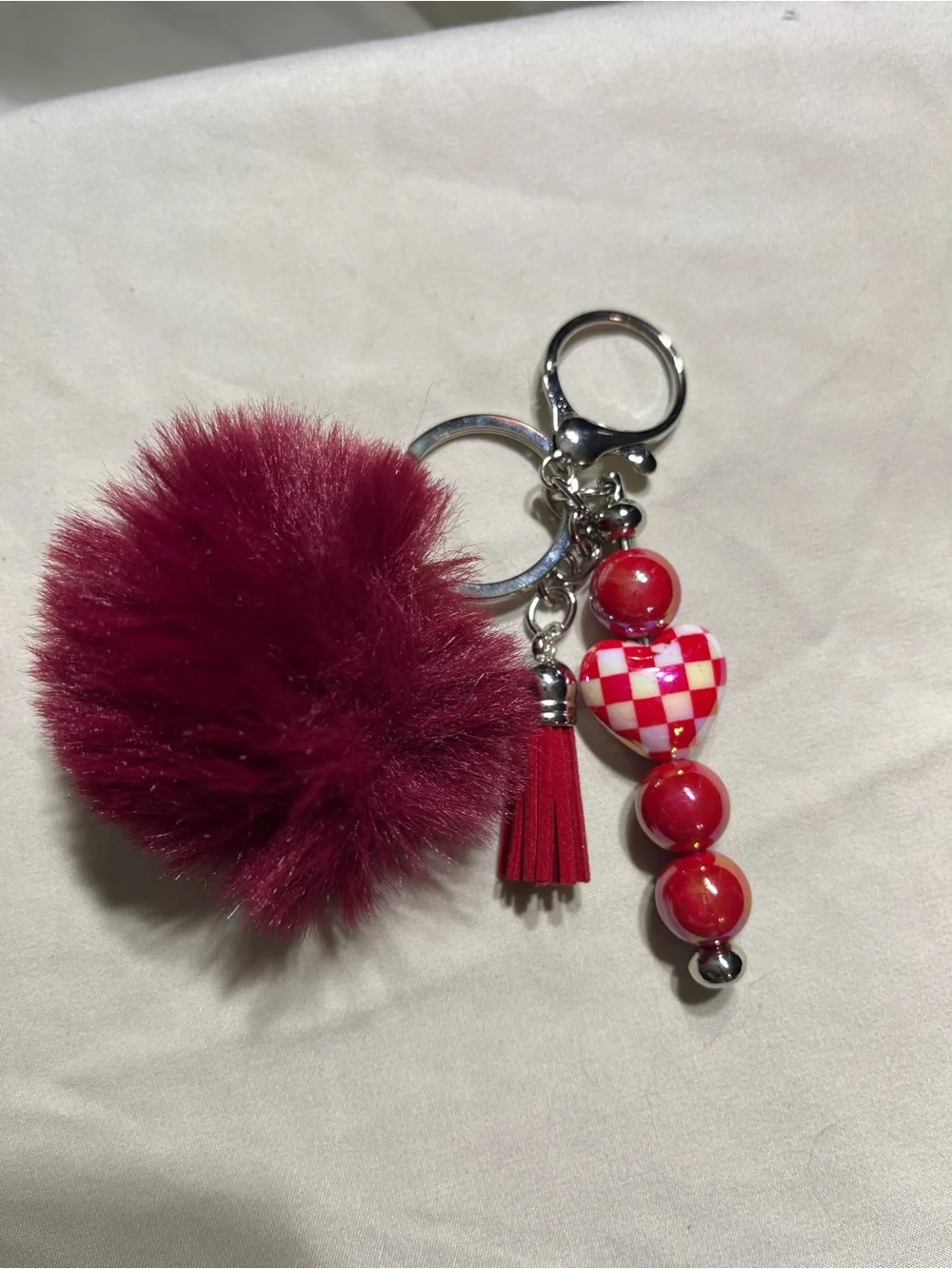 Plush Pom & Heart Bead Keychain - Wine Red